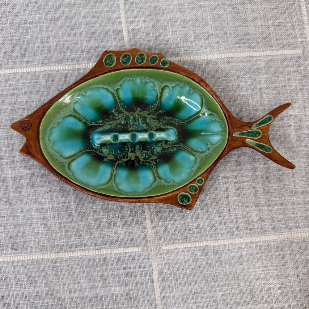 Vintage Treasure Craft Ceramic Fish Ash Tray Green & Blue Hawaii 60s